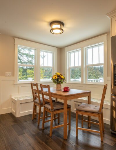 A kitchen with a table and chairs.